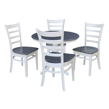 International Concepts 36 in. Solid Wood Round Top Pedestal Dining Table with 4 Emily Dining Chairs in White/Heather Gray K05-36RT-C617-4